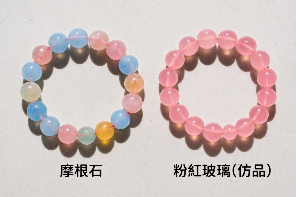 摩根石因為價格親民又討喜,市場上難免出現人造仿品或改色處理品魚目混珠。