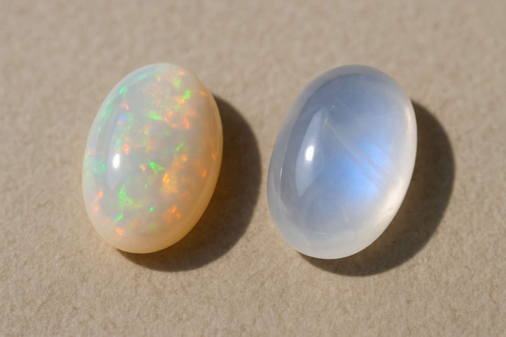 蛋白石和月光石因外觀光澤相近，經常被混淆，但其實兩者在成分、色彩和風格上有明顯區別。