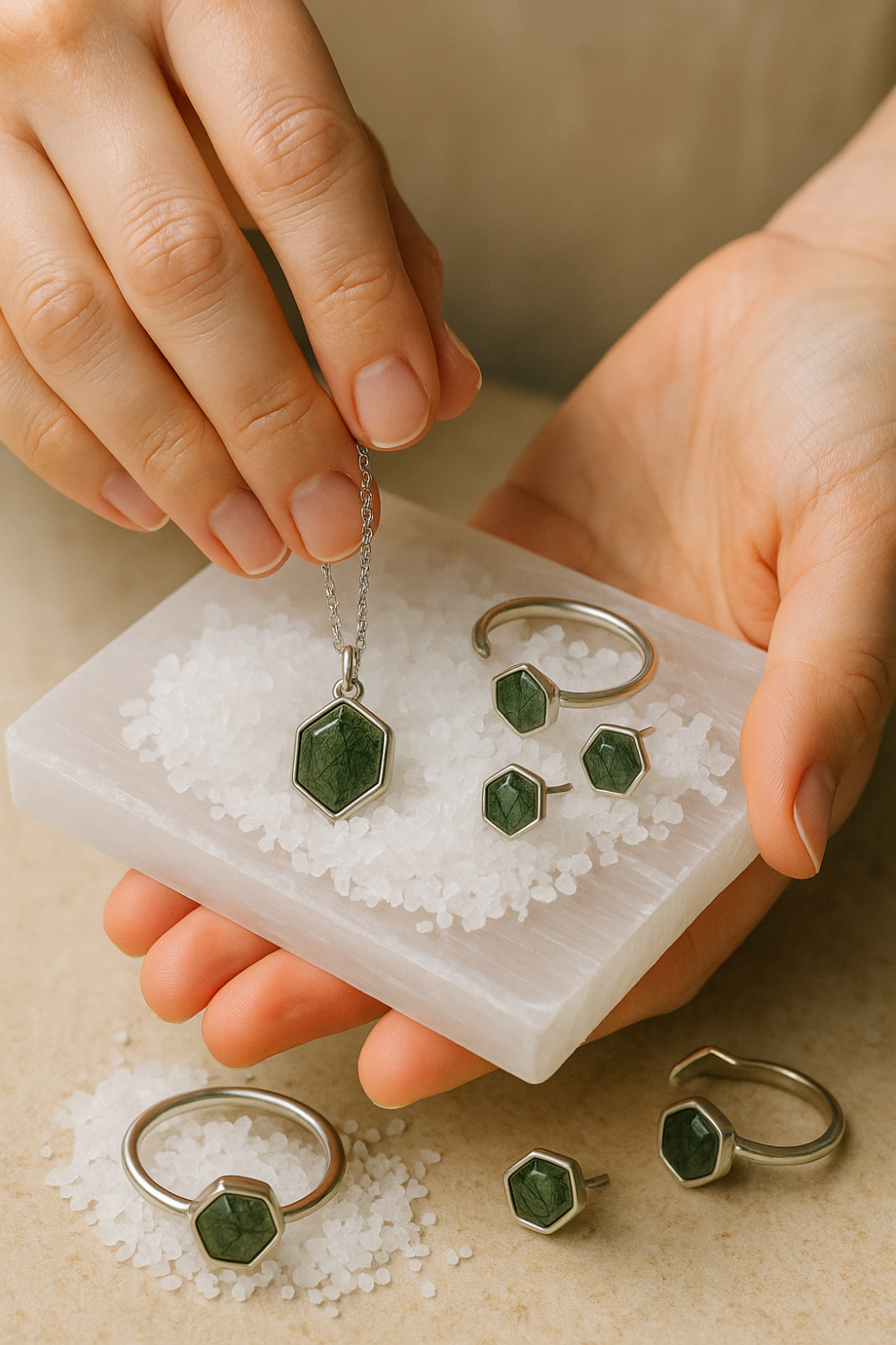 將綠髮晶放置於白水晶簇上數小時至一晚,能有效清除累積的負能量。