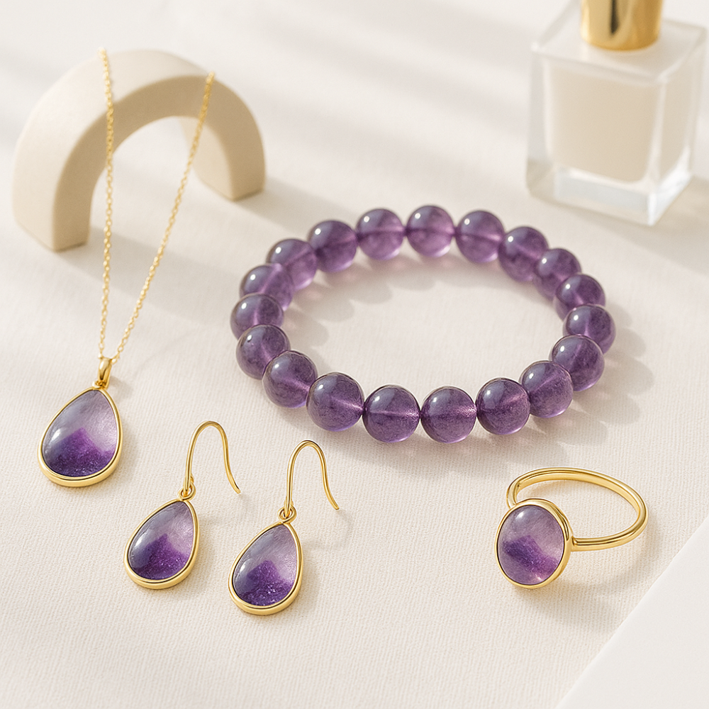 無論是紫幽靈手鏈、項鍊或戒指等，皆能為穿搭注入獨特的紫色氣場，提升個人魅力的同時，也帶來穩定內在、轉化情緒的能量支持～