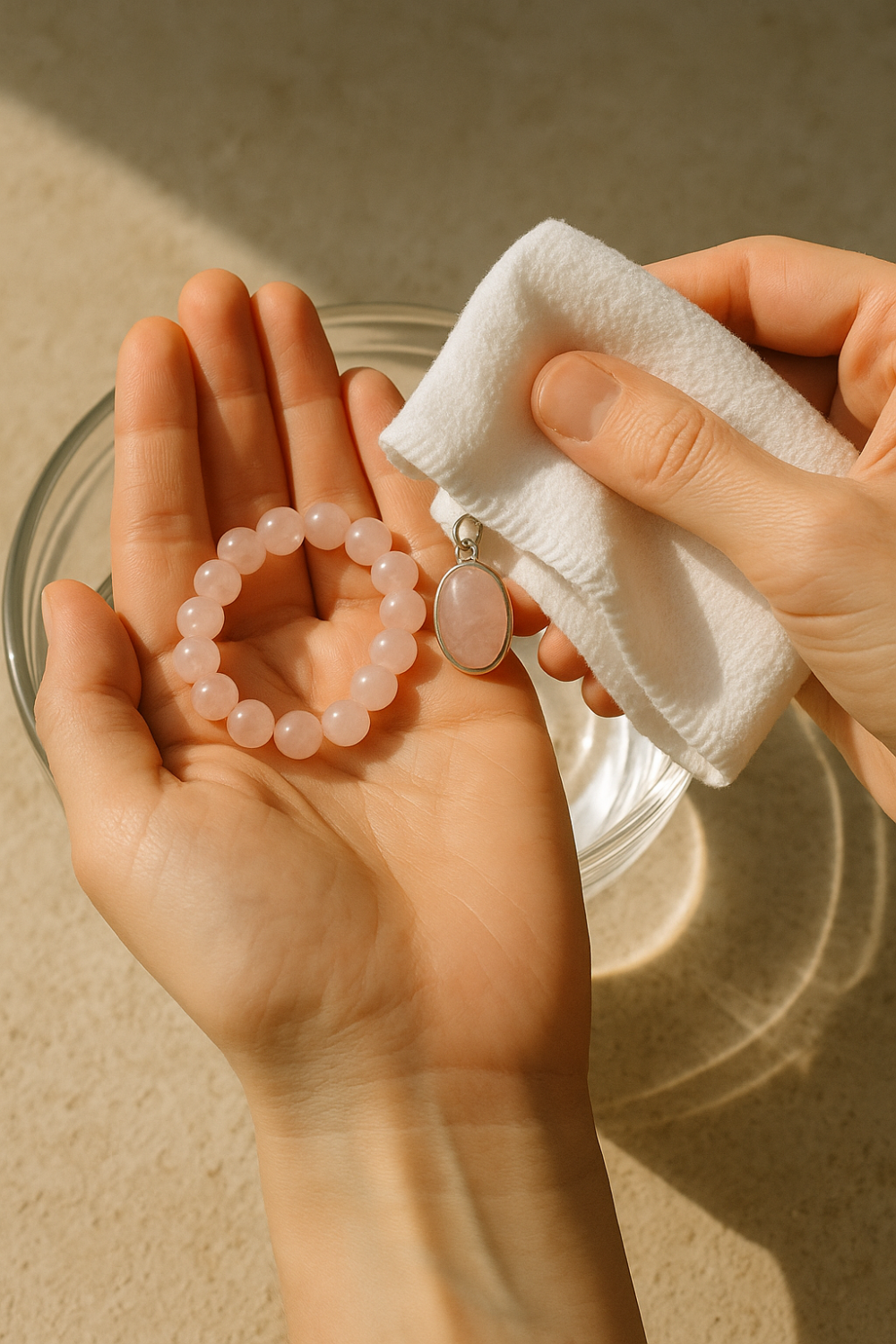 用軟布輕拭粉晶表面，清除汗水和灰塵，保持晶體潔淨和光澤。