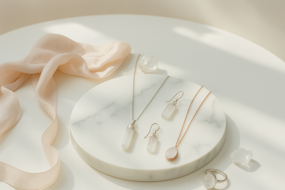 不同類型的透石膏飾品對應不同用途和能量流動,如透石膏手串適合日常佩戴,幫助情緒穩定和放鬆心情。