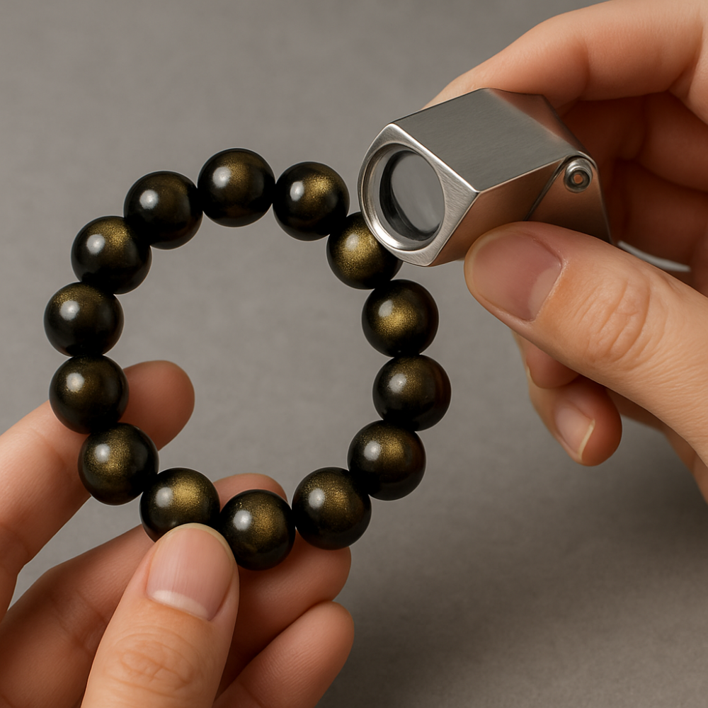 雖然天然金曜石本身並不算昂貴寶石,市面上仿冒品相對較少,但仍有可能遇到以其他材料冒充的情況。