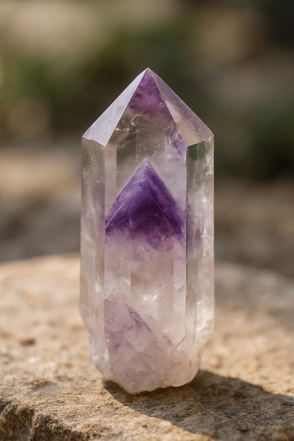 紫幽靈（Purple Phantom Quartz），又稱「紫幻影水晶」，最獨特之處在於晶體內部包裹火山泥等天然礦物，形成層層幻影，如雲霧、金字塔或羽毛狀圖案，宛如山水畫般細緻～