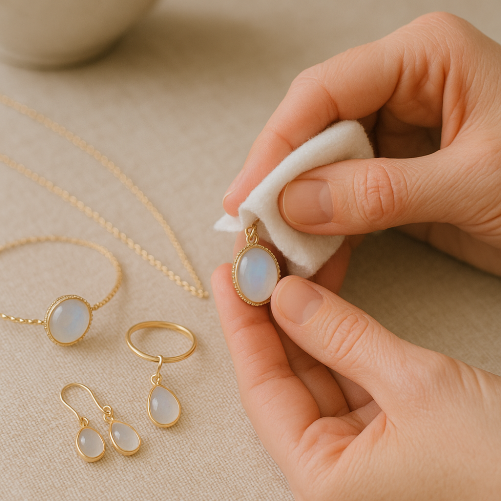 每次佩戴完畢，用柔軟絨布輕拭表面，清除汗水、油脂和灰塵，避免礦物質氧化或變色。