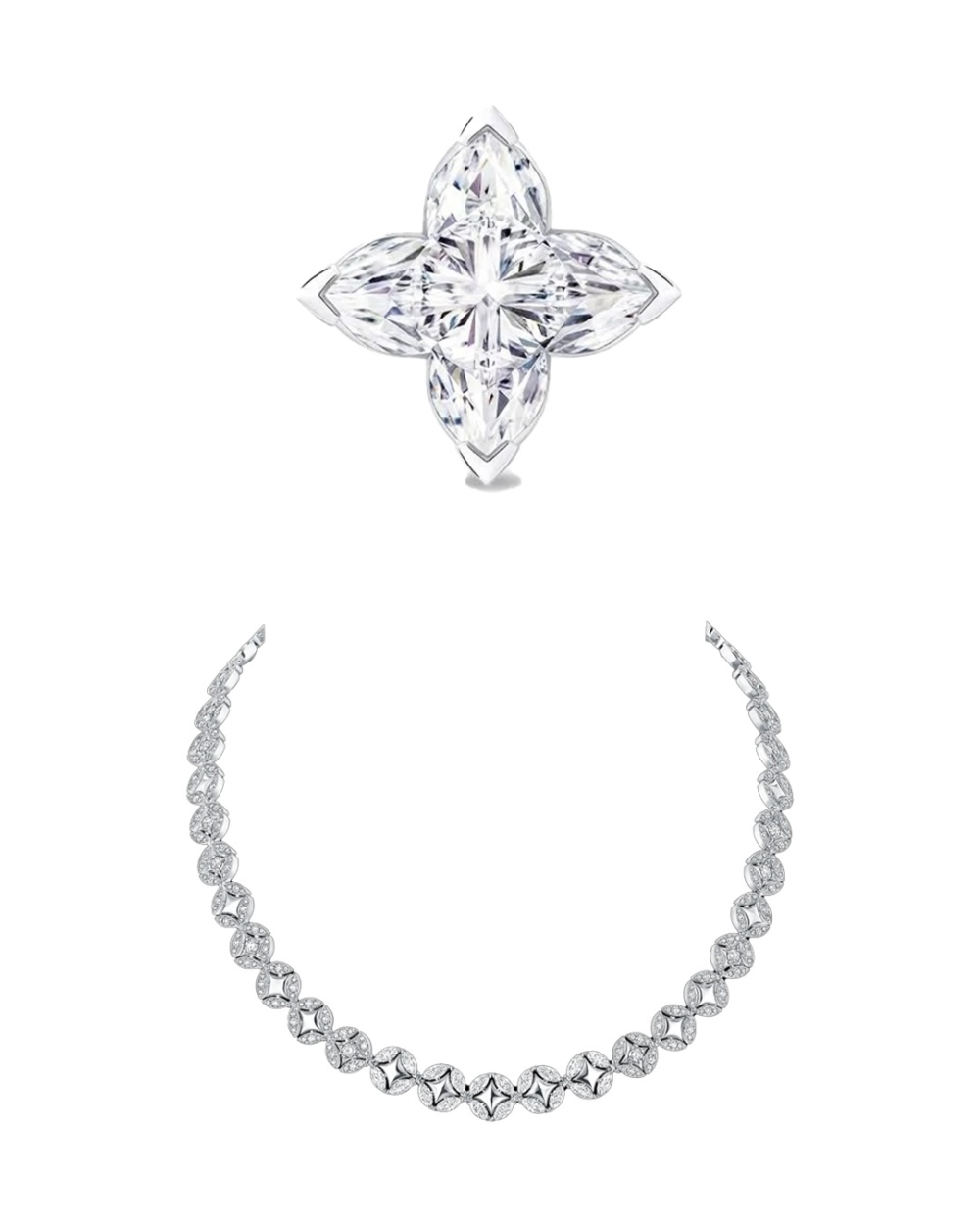 耳畔則佩戴 LV Monogram Star Cut Platinum Earrings 鑽石耳環，簡約的設計讓整體造型更顯精緻和諧。