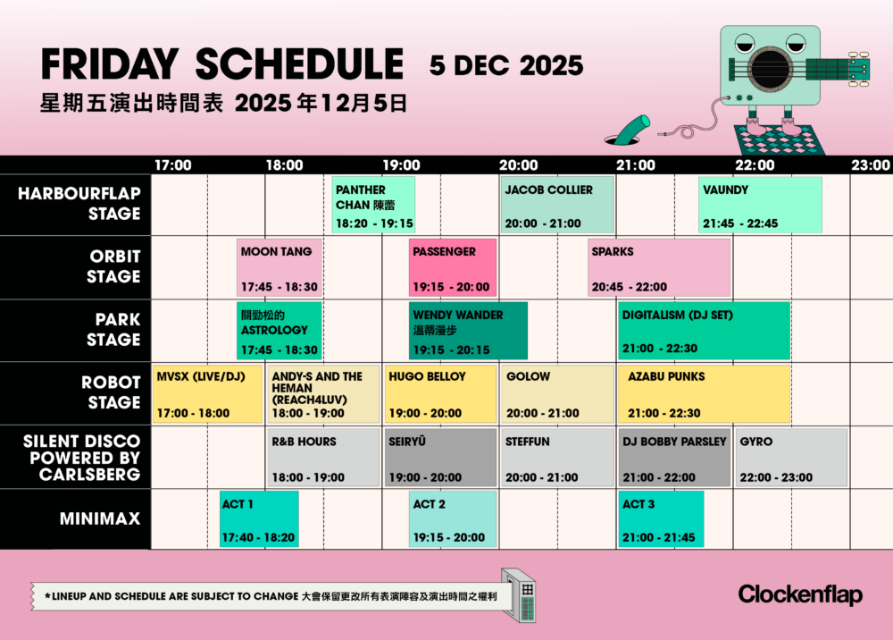 Clockenflap 2025年12月 5日（星期五）演出時間表