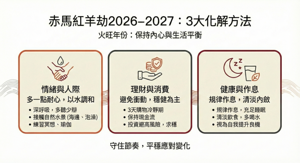 2026-2027赤馬紅羊劫三大化解方法資訊圖：涵蓋情緒管理（冥想、水元素）、理財建議（3天冷靜期、穩健投資）及健康生活（規律作息、多喝水）的平衡指南。