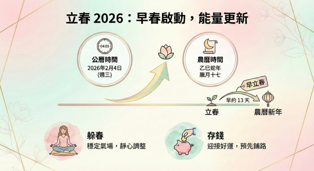 2026年立春時間與習俗資訊圖，顯示公曆2月4日凌晨4點01分、農曆臘月十七，並重點標註早立春特性及躲春、存錢兩大開運習俗。