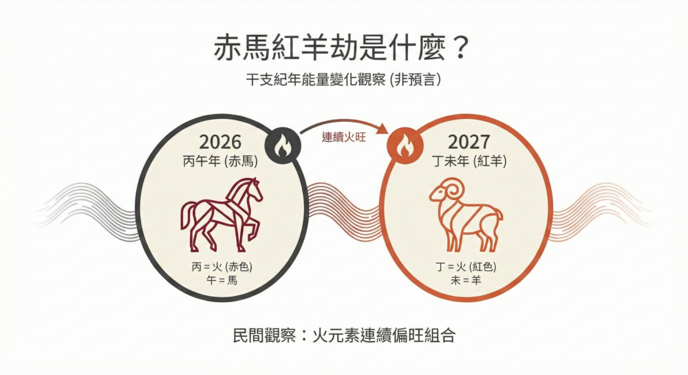 2026年丙午赤馬與2027年丁未紅羊的干支五行拆解圖，說明丙丁屬火對應赤色/紅色，午未對應馬/羊生肖之由來。