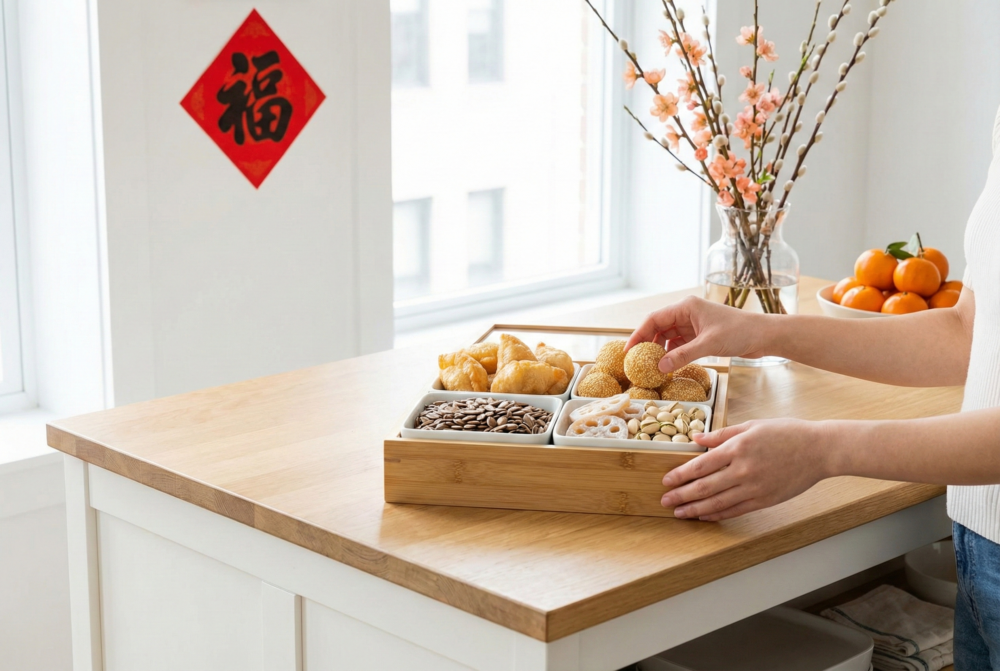 金黃炸物如油角、笑口棗和煎堆，是全盒中的「小元寶」，酥脆美味又象徵財富、圓滿與家業興旺。