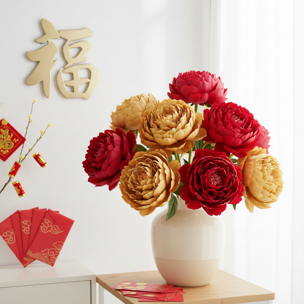 牡丹花華麗飽滿,紅色象徵團圓,金色招財,是富貴圓滿、家運興旺的人氣年花。