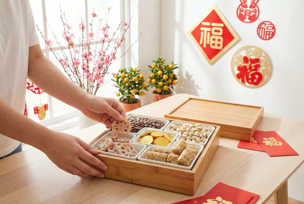 全盒應避開酸、苦、辣及過鹹零食，以甜美香脆的小食如紅瓜子、堅果與巧克力金幣為主，寓意新年順遂吉利。