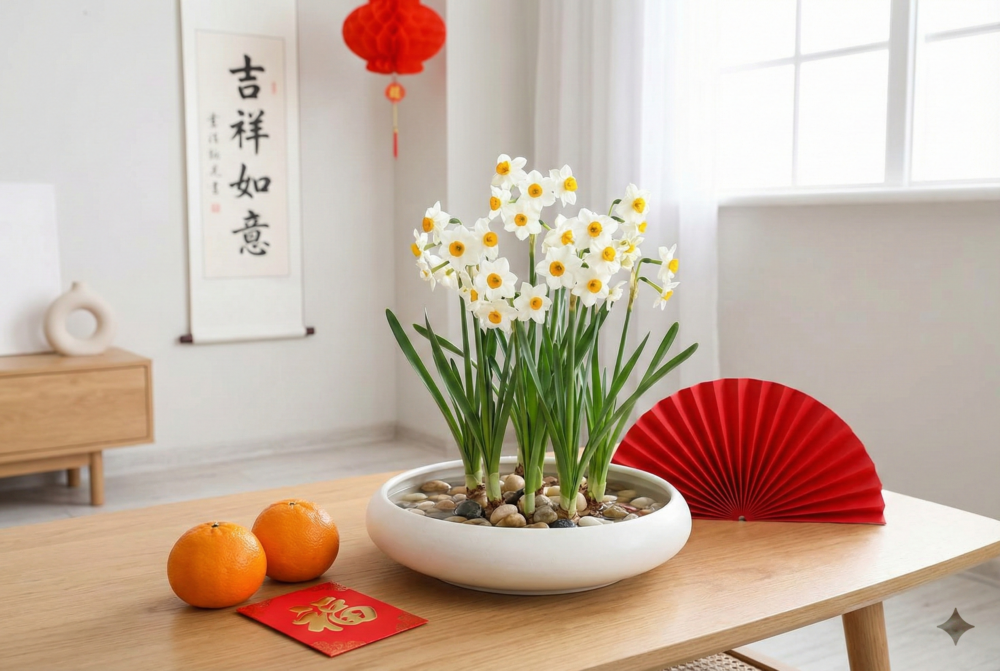 水仙花香氣清雅、花姿挺拔,象徵吉祥如意與家庭團圓,是過年居家與送禮的經典之選。