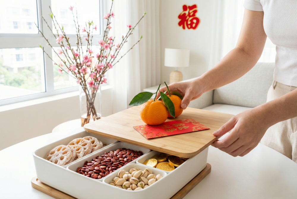 全盒開運擺法秘訣：放入利是象徵財庫盈滿，搭配帶葉金黃柑桔象徵家族興旺，好運集中於中央或頂部，增添吉祥喜慶。