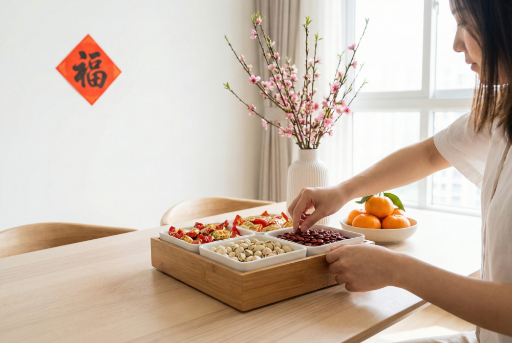 紅瓜子是全盒靈魂，鮮紅喜慶象徵財運亨通，應放中央格凸顯吉利，黑白瓜子僅作點綴。