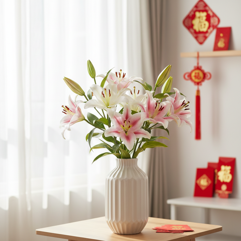 百合花香氣淡雅、造型大方,象徵百年好合與順心如意,是過年居家與送禮的理想選擇。