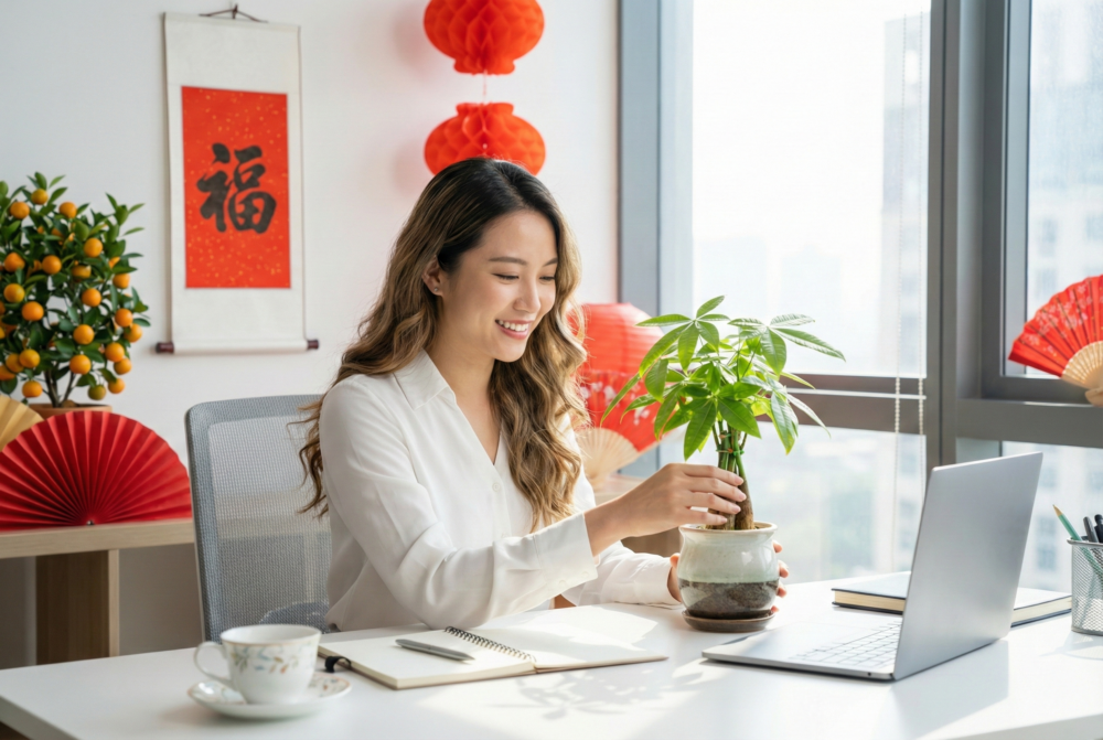 在辦公桌擺放小巧綠色植物，既增添生機與舒適感，也象徵穩定成長，寓意事業穩健、財運累積，並有助舒緩壓力。