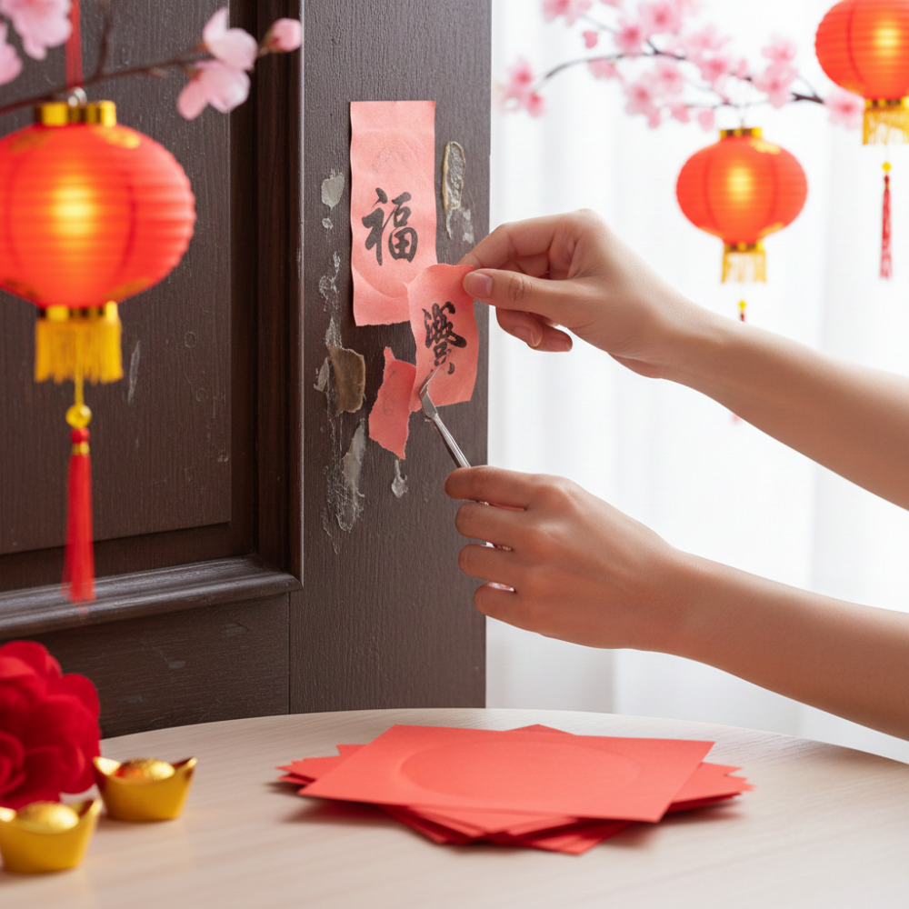 貼新揮春前必須先撕除並清理舊揮春，象徵去舊迎新，為新一年騰出乾淨的好運空間。