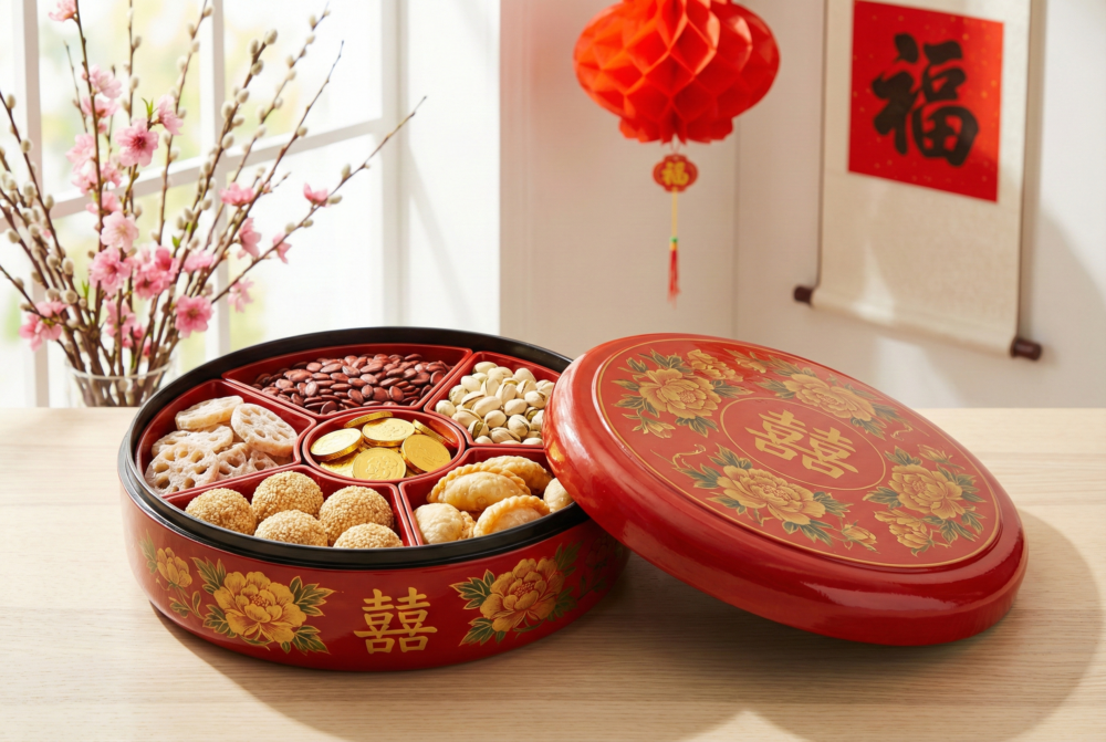 傳統漆盒象徵家庭如膠似漆，不僅典雅喜慶，也寓意家庭美滿與幸福長久。