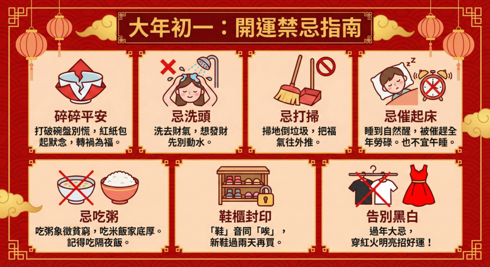 大年初一開運禁忌指南資訊圖表，列出七項過年習俗：碎碎平安、忌洗頭、忌打掃、忌催起床、忌吃粥、鞋櫃封印與告別黑白，搭配紅色喜慶背景與插畫。