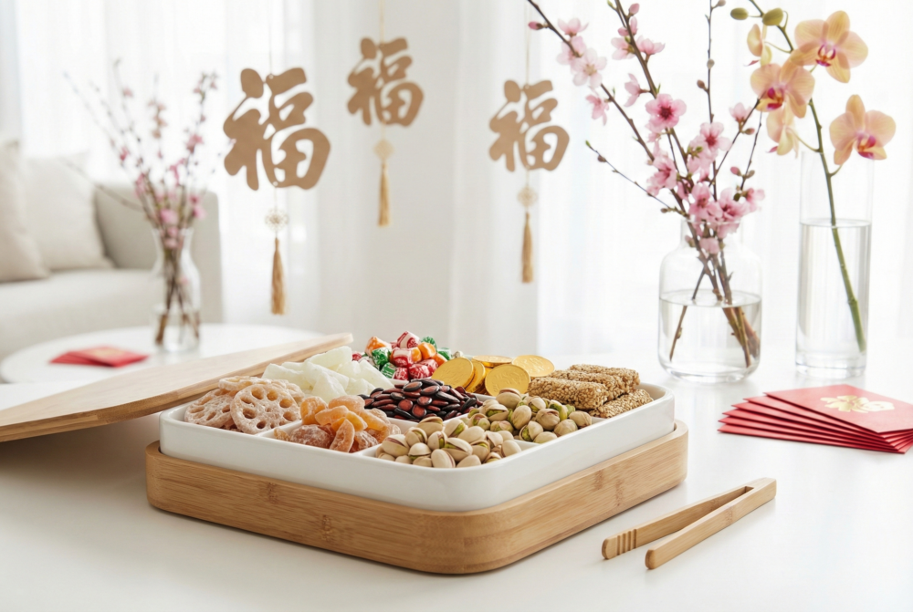 全盒起源於魏晉時期的「攢盒」，象徵將甜食與好運聚合，每格承載團圓、順利與富足的祝福。