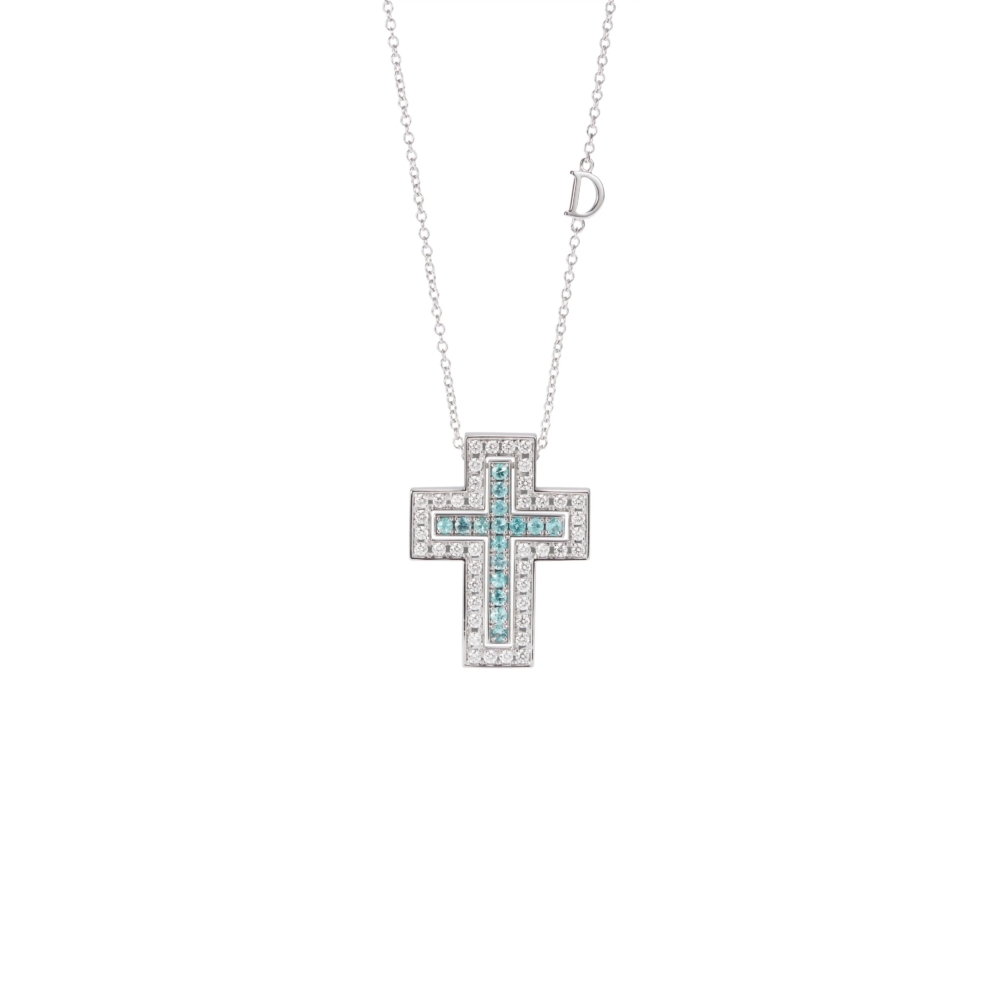 DAMIANI Belle Époque Azzurra 白金十字項鍊, 配鑽石與帕拉伊巴碧璽, 20x26 毫米