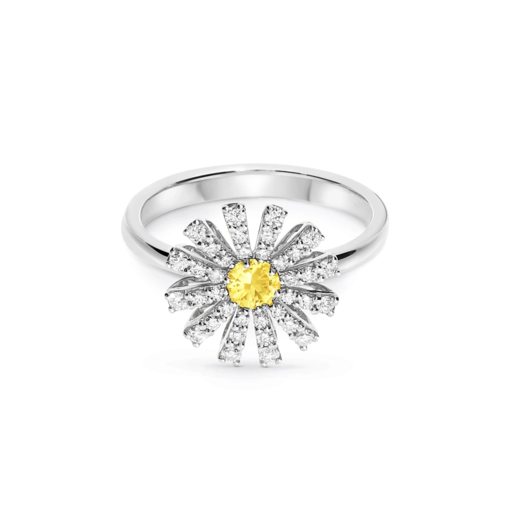 DAMIANI MARGHERITA小雛菊系列 白金花朵戒指，配鑽石與黃色藍寶石, 16 mm
