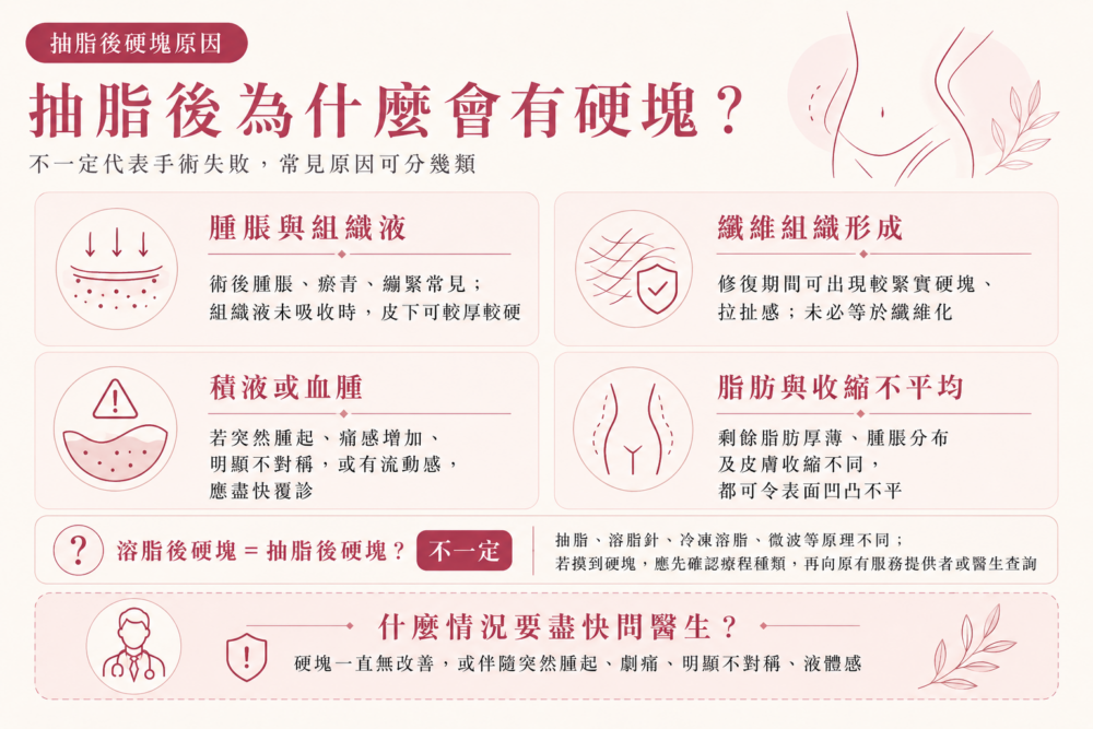 抽脂後皮下硬塊4大常見原因圖解：術後腫脹、纖維組織、積液或血腫，以及脂肪厚薄不平均。