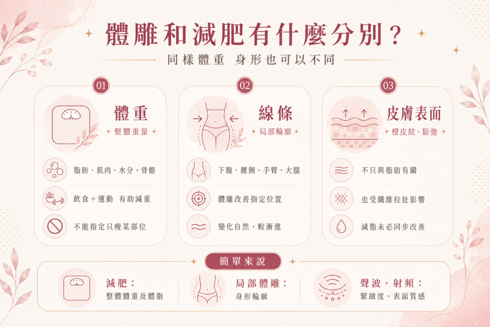 體雕與減肥分別對照圖，從整體體重、局部輪廓及皮膚表面三方面分析身形管理需要。