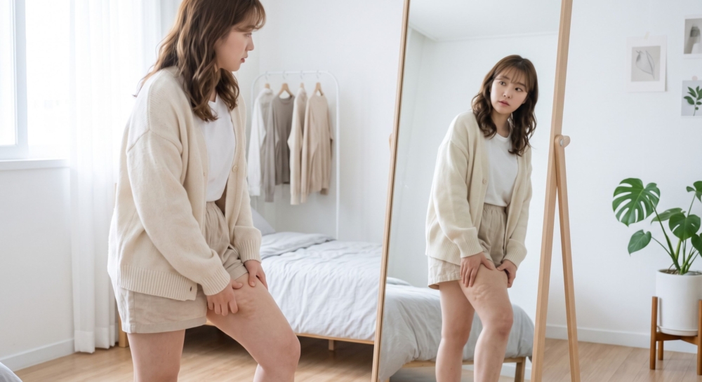 一名女子正在看著自己大腿上的橘皮組織，並思考要如何去除。