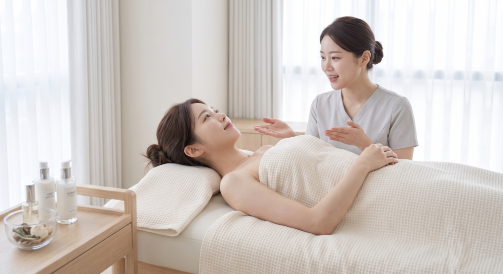 一名女子正在私隱度高的美容中心接受美容師的療程介紹。