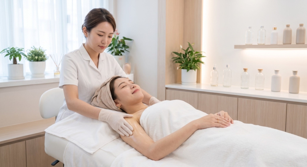 一名女子對不Hard Sell的美容院十分滿意。