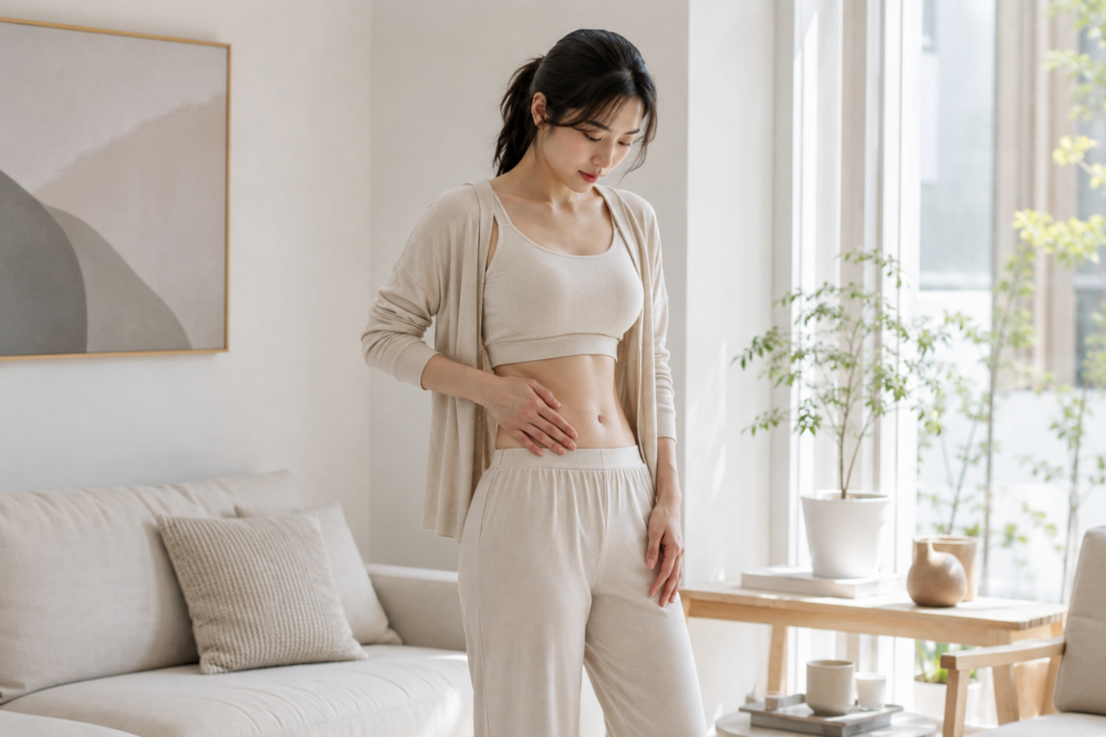 女子觸摸抽脂後腹部硬實及凹凸不平的位置。