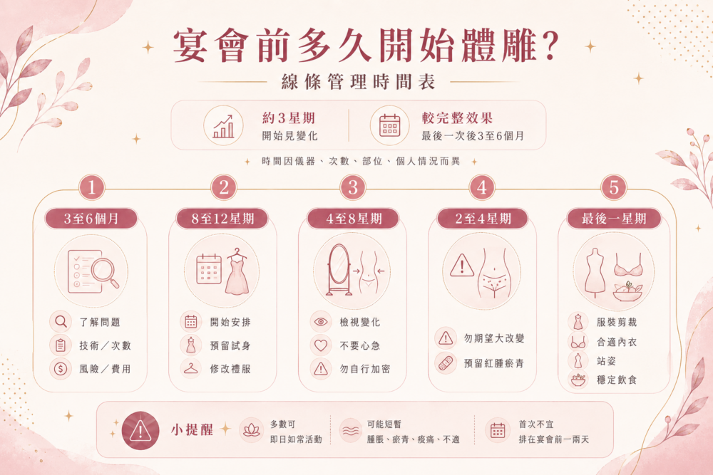宴會前體雕時間表，由倒數3至6個月評估至最後一星期的線條管理安排。
