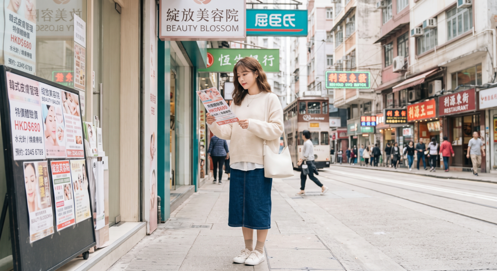一名女子正在香港中環逛街，發現了美容院的宣傳單。
