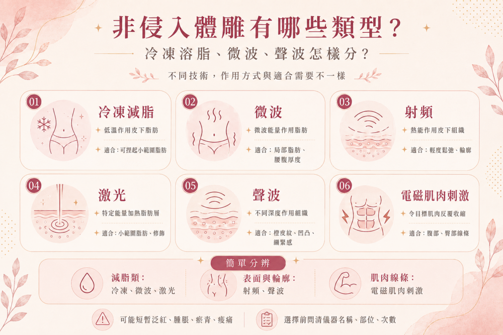 六類非侵入體雕技術，包括冷凍減脂、微波、射頻、激光、聲波及電磁肌肉刺激的作用方向對照圖。